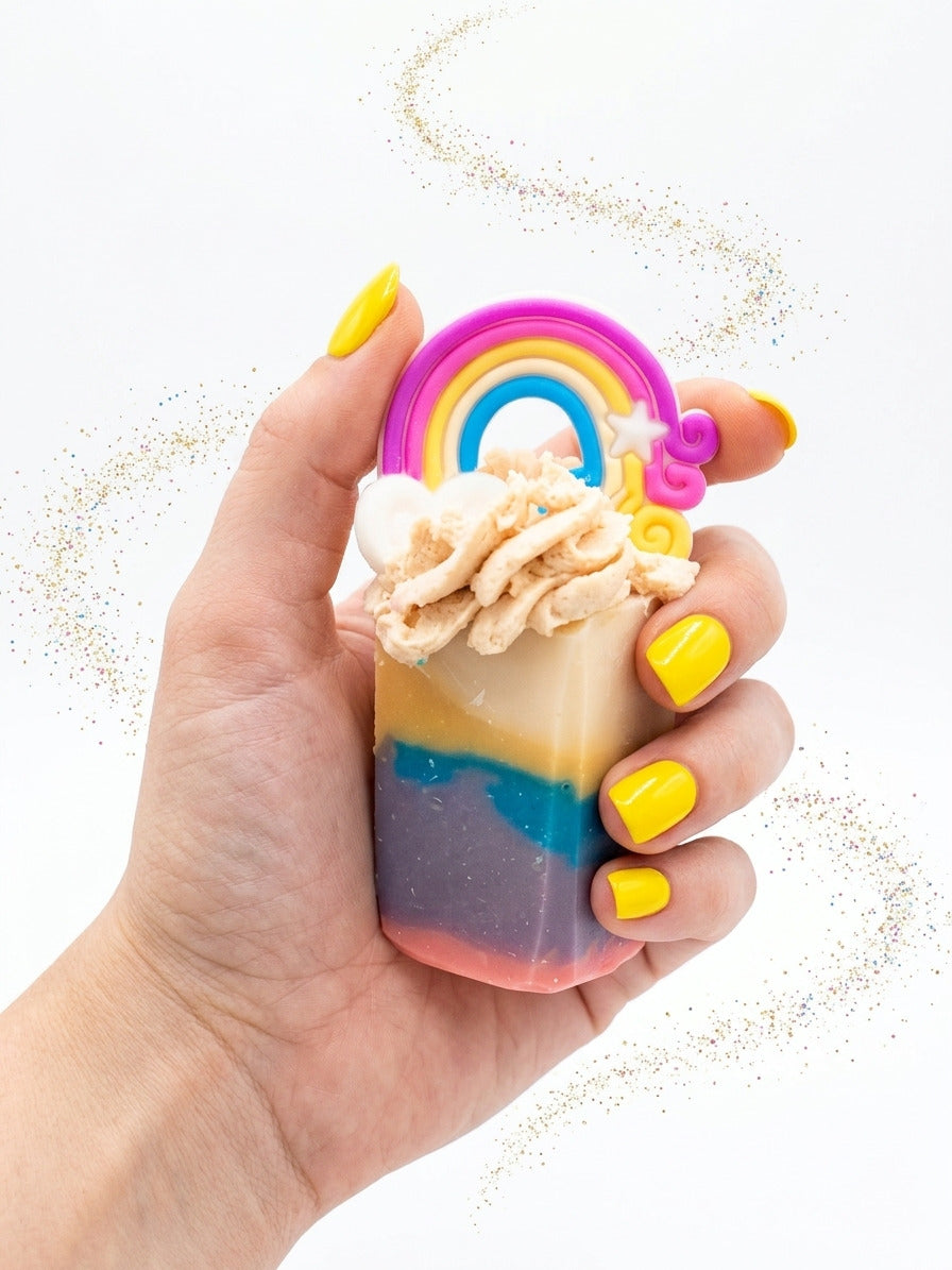 A hand holding a rainbow striped soap bar topped with a piped swirl and a rainbow topper