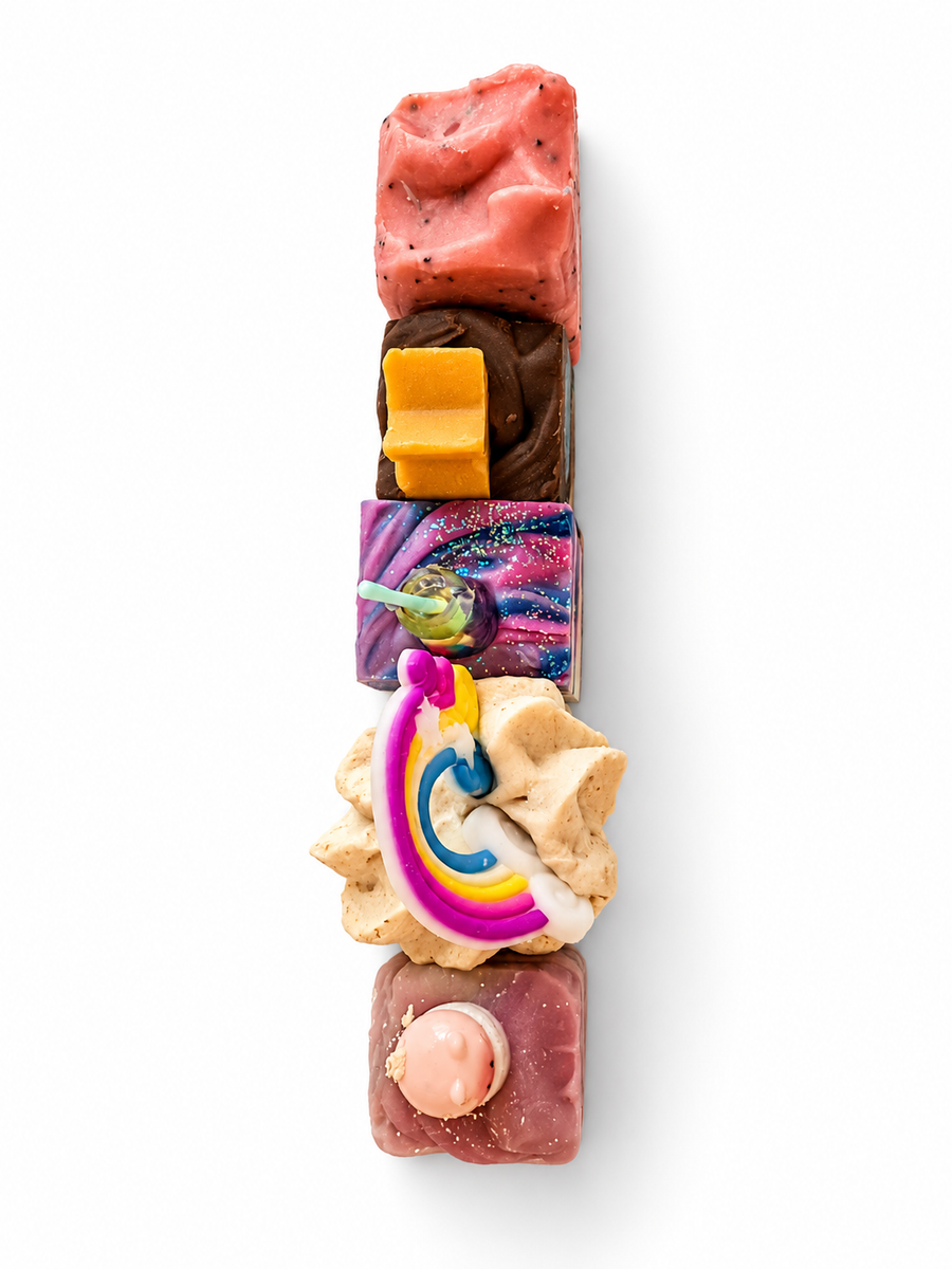 Overhead view of five handmade Zoapster soap bars arranged in a row.